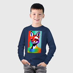 Лонгслив хлопковый детский Портрет лисички - поп-арт - нейросеть, цвет: тёмно-синий — фото 2