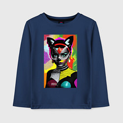 Лонгслив хлопковый детский Кошка в маске - поп-арт - нейросеть, цвет: тёмно-синий