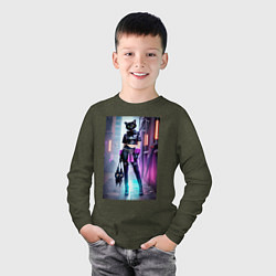 Лонгслив хлопковый детский Крутая модная кисуля в ночном Бронксе - нейросеть, цвет: меланж-хаки — фото 2