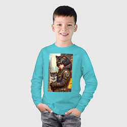 Лонгслив хлопковый детский Девчонка фурри с волчонком - стимпанк - нейросеть, цвет: бирюзовый — фото 2