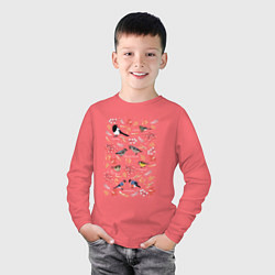 Лонгслив хлопковый детский Зимующие птицы, цвет: коралловый — фото 2