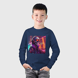 Лонгслив хлопковый детский Скелет в куртке в лучах неонового света, цвет: тёмно-синий — фото 2