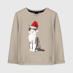 Лонгслив хлопковый детский Пятнистый кот в новогодней шапочке, цвет: миндальный