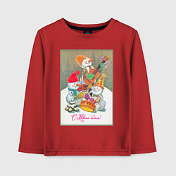 Лонгслив хлопковый детский Снеговики музыканты, цвет: красный