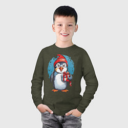 Лонгслив хлопковый детский Пингвин с новогодним подарком, цвет: меланж-хаки — фото 2
