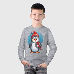Лонгслив хлопковый детский Пингвин с новогодним подарком, цвет: меланж — фото 2