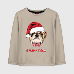 Лонгслив хлопковый детский Новогодний английский бульдог с бабочкой в шапке с, цвет: миндальный