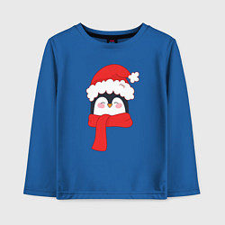 Лонгслив хлопковый детский Новогодний пингвин в шапке Деда Мороза, цвет: синий