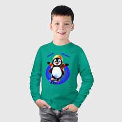 Лонгслив хлопковый детский Пингвин на скейте, цвет: зеленый — фото 2