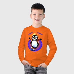 Лонгслив хлопковый детский Пингвин на скейте, цвет: оранжевый — фото 2