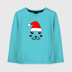 Лонгслив хлопковый детский Мордочка тюленя в новогодней шапке, цвет: бирюзовый