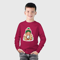 Лонгслив хлопковый детский Уютный рождественский кофе, цвет: маджента — фото 2