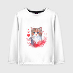 Лонгслив хлопковый детский Милая кошка с красными сердечками, цвет: белый