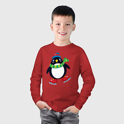 Лонгслив хлопковый детский Пингвин на коньках, цвет: красный — фото 2
