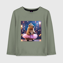 Лонгслив хлопковый детский Мем капибара балерина в розовой юбочке и короне, цвет: авокадо