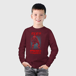 Лонгслив хлопковый детский СССР Красная Машина хоккеист с клюшкой в шлеме, цвет: меланж-бордовый — фото 2