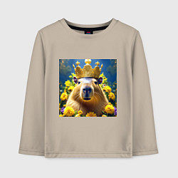Лонгслив хлопковый детский Мем капибара царь на троне и желтые цветы, цвет: миндальный