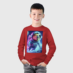 Лонгслив хлопковый детский Полёт капибары в космосе - неон, цвет: красный — фото 2