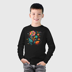 Лонгслив хлопковый детский Яркий цветок, веточки и листья, цвет: черный — фото 2