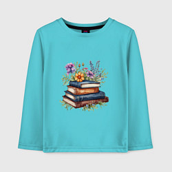 Лонгслив хлопковый детский Стопка книг с полевыми цветами, цвет: бирюзовый