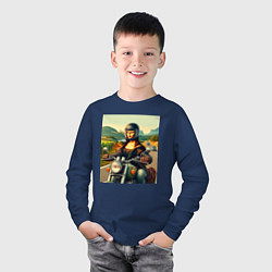 Лонгслив хлопковый детский Mona Lisa on a motorcycle - ai art, цвет: тёмно-синий — фото 2