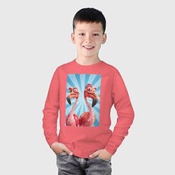 Лонгслив хлопковый детский Два радостных фламинго, цвет: коралловый — фото 2