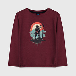 Лонгслив хлопковый детский Силуэт самурая на закате, цвет: меланж-бордовый