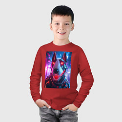 Лонгслив хлопковый детский Морда кибер бультерьера - неоновое свечение, цвет: красный — фото 2