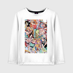 Лонгслив хлопковый детский Ван-Пис Дзимбэ коллаж отдыхающей команды, цвет: белый