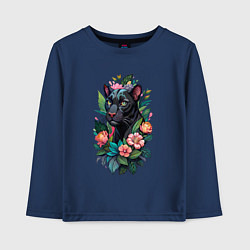 Лонгслив хлопковый детский Черная пантера среди цветов, цвет: тёмно-синий