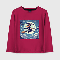 Лонгслив хлопковый детский Ведьма на метле в ночи, цвет: маджента