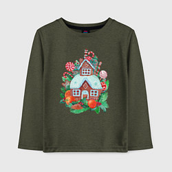 Лонгслив хлопковый детский Пряничный домик со сладостями и фруктами, цвет: меланж-хаки