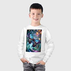 Лонгслив хлопковый детский Порхающая бабочка в неоновых линиях, цвет: белый — фото 2