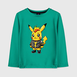 Лонгслив хлопковый детский Пикачу панк с ирокезом и в косухе, цвет: зеленый