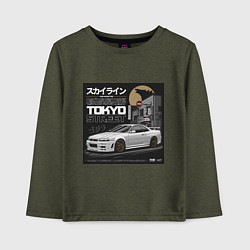 Лонгслив хлопковый детский Nissan Skyline годзила, цвет: меланж-хаки