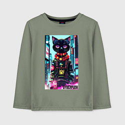 Лонгслив хлопковый детский Котёнок в мегаполисе - киберпанк, цвет: авокадо