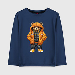 Лонгслив хлопковый детский Медведь в тёплой куртке, цвет: тёмно-синий