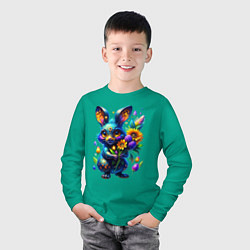 Лонгслив хлопковый детский Милый синий зайка с неоновым цветком, цвет: зеленый — фото 2