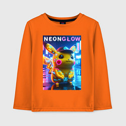 Лонгслив хлопковый детский Милый Пикачу в бейсболке - неоновое киберпанк свеч, цвет: оранжевый