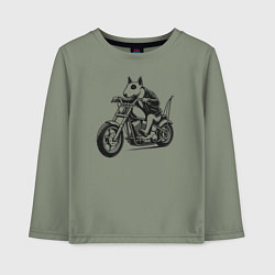 Лонгслив хлопковый детский Бультерьер байкер на мотоцикле чоппере, цвет: авокадо