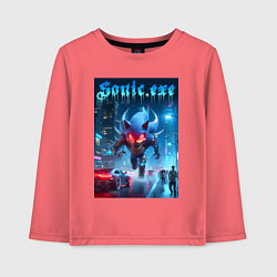 Лонгслив хлопковый детский Ёжик монстр в ночном мегаполисе - неоновое свечени, цвет: коралловый