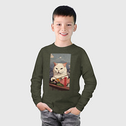 Лонгслив хлопковый детский Cat meme - japan style, цвет: меланж-хаки — фото 2