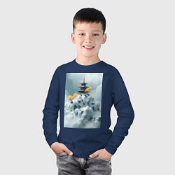 Лонгслив хлопковый детский Тихий японский пейзаж, цвет: тёмно-синий — фото 2
