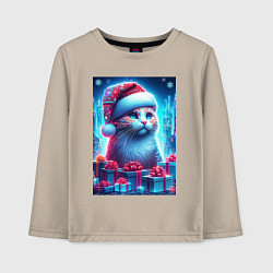 Лонгслив хлопковый детский Новогодний котик среди подарков, цвет: миндальный
