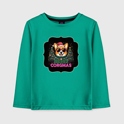 Лонгслив хлопковый детский Новогодний пес корги, цвет: зеленый