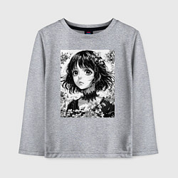 Лонгслив хлопковый детский Аниме девушка портрет черно-белый, цвет: меланж
