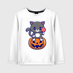 Лонгслив хлопковый детский Хэллоуин котик с леденцом, цвет: белый