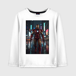 Лонгслив хлопковый детский Железный человек посреди ночного города, цвет: белый