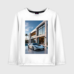 Лонгслив хлопковый детский Белый суперкар у дома, цвет: белый