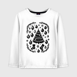 Лонгслив хлопковый детский Новогодние украшения и елка, цвет: белый
